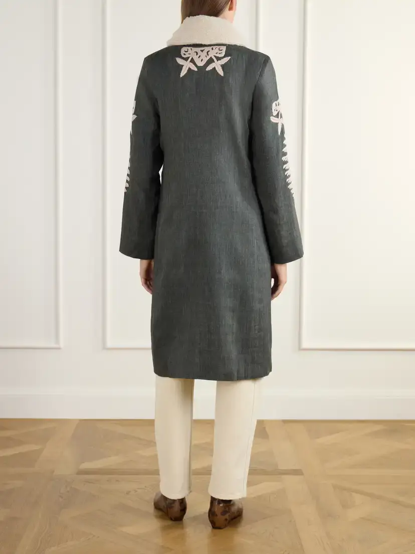 ALIX OF BOHEMIA Petunia Embroidered Fleece-trimmed Wool And Linen-blend Twill Coat | Thumbnail 4 ALIX OF BOHEMIA Petunia Embroidered Fleece-trimmed Wool And Linen-blend Twill Coat | Thumbnail 4