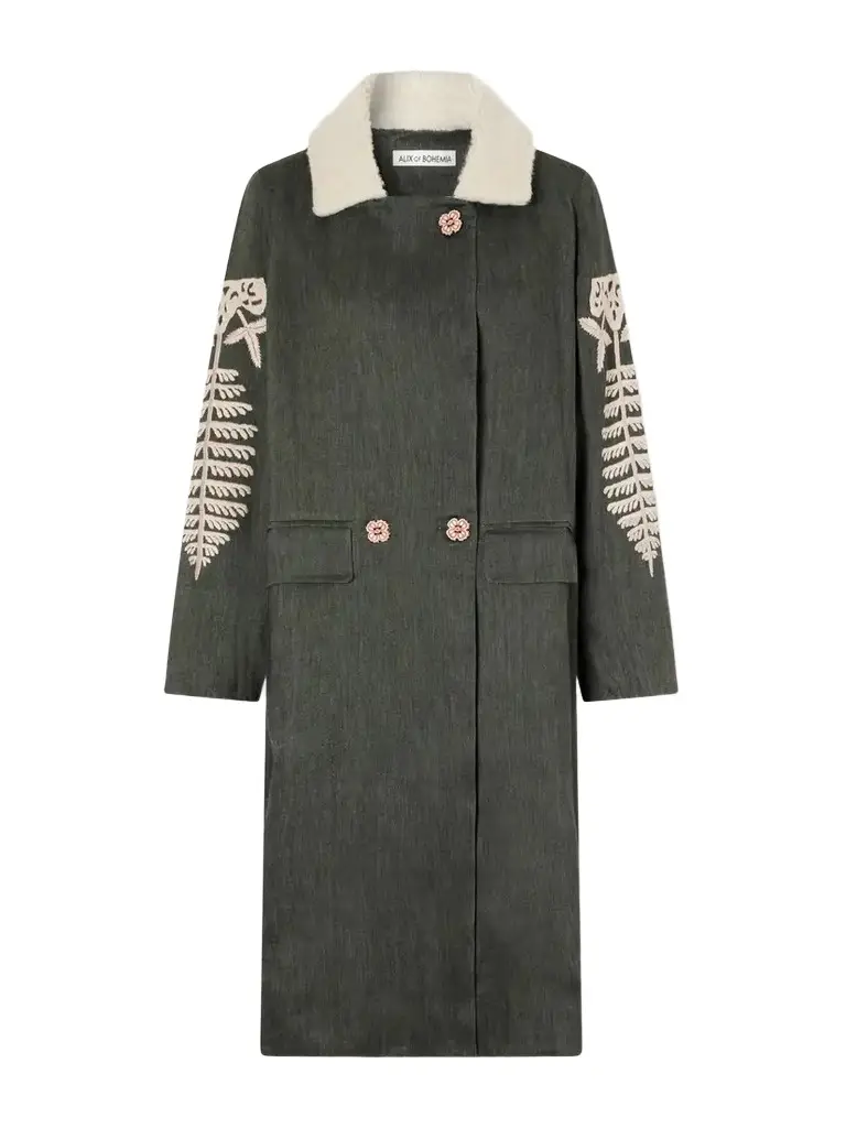 ALIX OF BOHEMIA Petunia Embroidered Fleece-trimmed Wool And Linen-blend Twill Coat