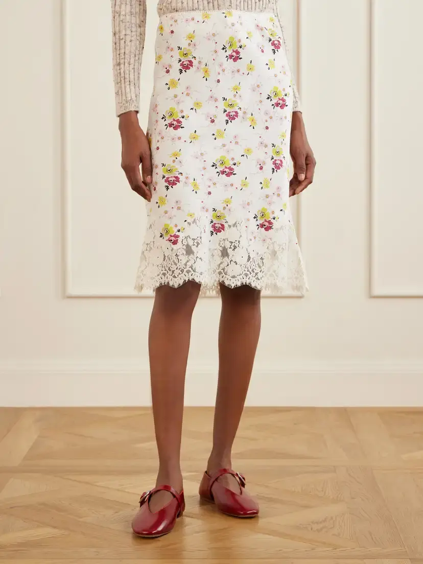 DÔEN Elowette Floral-print Lace-trimmed Silk-satin Knee-length Skirt | Thumbnail 3 DÔEN Elowette Floral-print Lace-trimmed Silk-satin Knee-length Skirt | Thumbnail 3