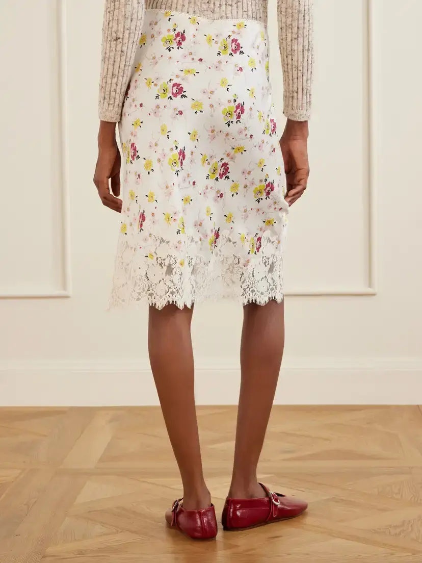 DÔEN Elowette Floral-print Lace-trimmed Silk-satin Knee-length Skirt | Thumbnail 4 DÔEN Elowette Floral-print Lace-trimmed Silk-satin Knee-length Skirt | Thumbnail 4