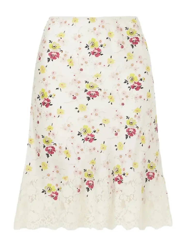 DÔEN Elowette Floral-print Lace-trimmed Silk-satin Knee-length Skirt