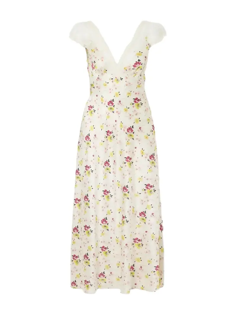 DÔEN Corelia Floral-print Belted Lace-trimmed Midi Dress