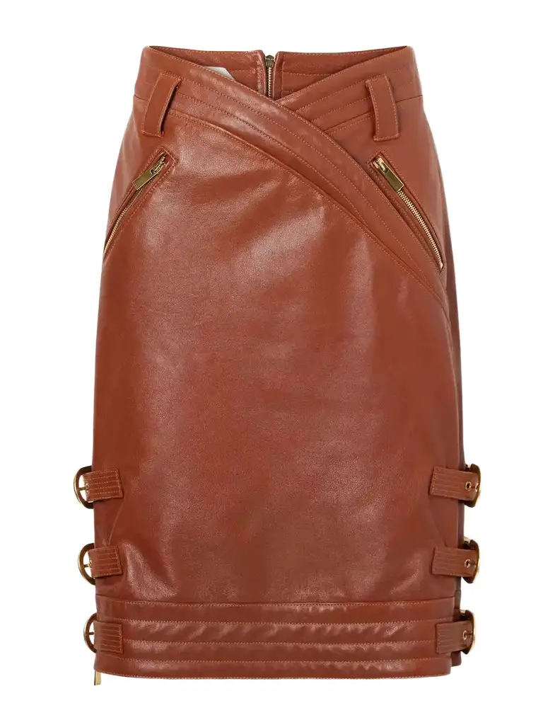 Versace Wrap-effect Buckle-detailed Leather Knee-length Skirt