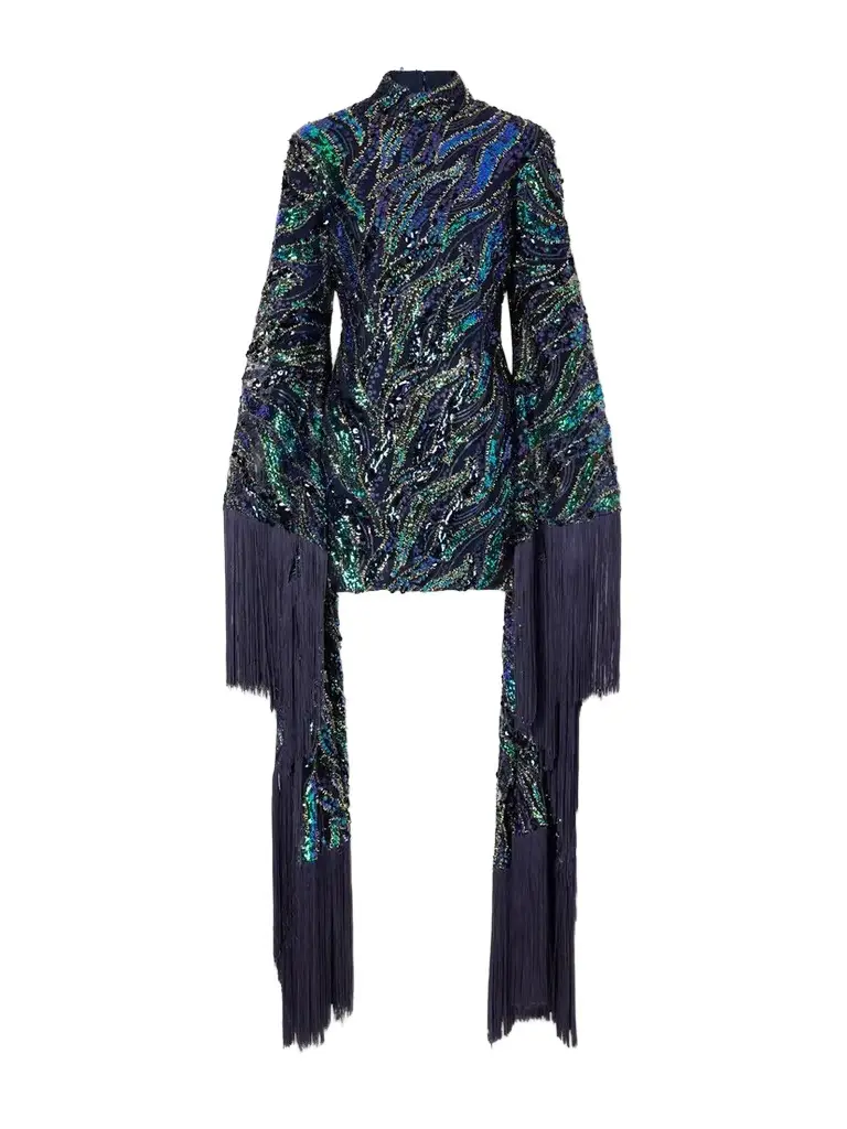 Taller Marmo Disco Dragon Sequin-embellished Fringe-trimmed Mesh Mini Dress