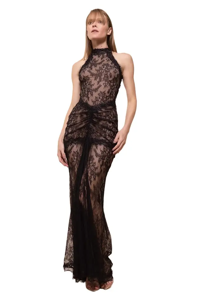 BIANCA LACE DRAPED HALTER GOWN