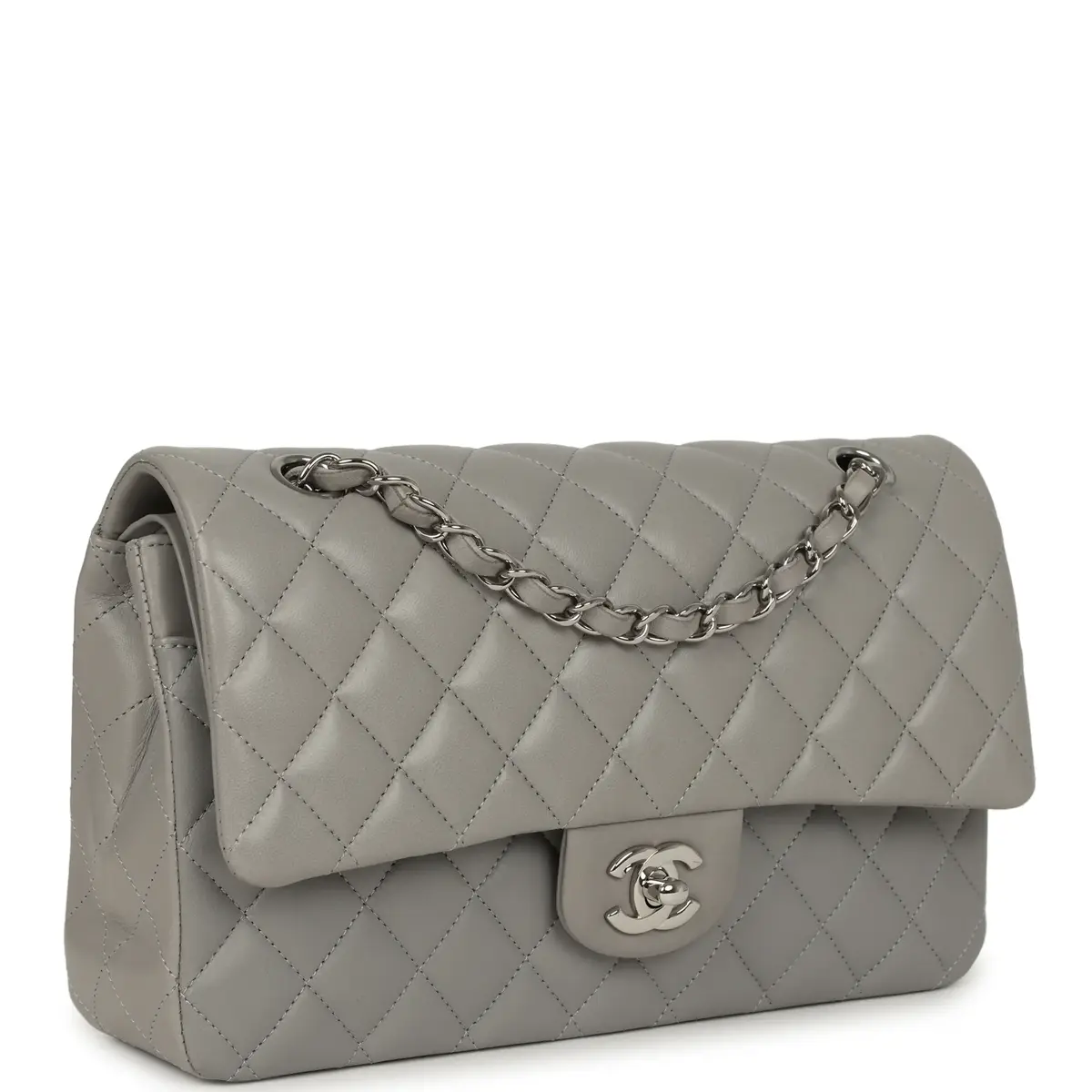 Chanel Pre-owned Chanel Medium Classic Double Flap Bag Light Grey Lambskin Silver Hardware | Thumbnail 2
