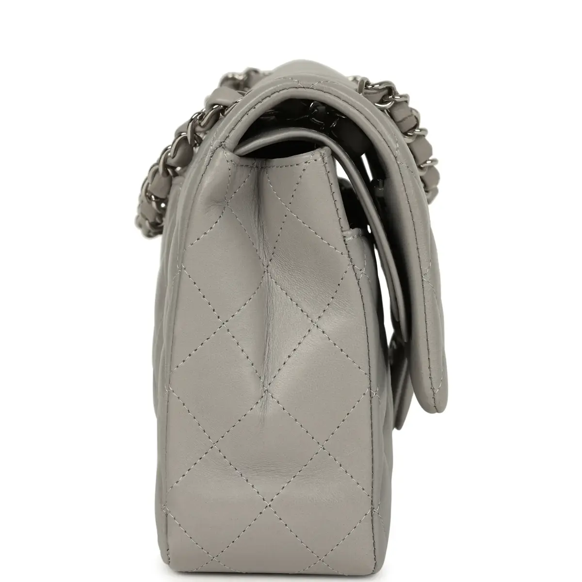 Chanel Pre-owned Chanel Medium Classic Double Flap Bag Light Grey Lambskin Silver Hardware | Thumbnail 3