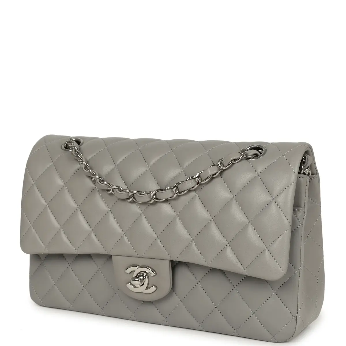Chanel Pre-owned Chanel Medium Classic Double Flap Bag Light Grey Lambskin Silver Hardware | Thumbnail 5