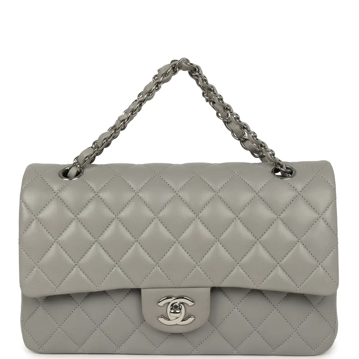 Chanel Pre-owned Chanel Medium Classic Double Flap Bag Light Grey Lambskin Silver Hardware | Thumbnail 7
