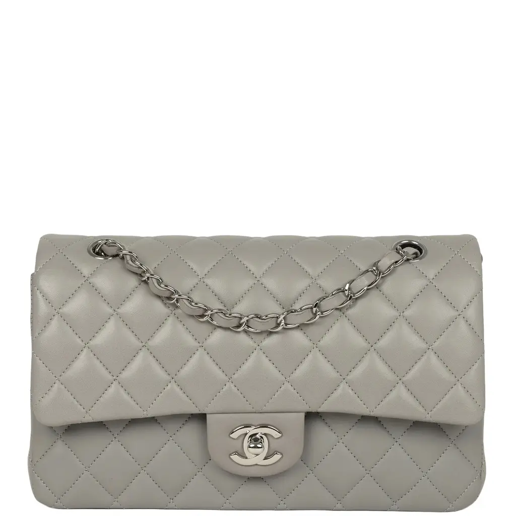 Chanel Pre-owned Chanel Medium Classic Double Flap Bag Light Grey Lambskin Silver Hardware