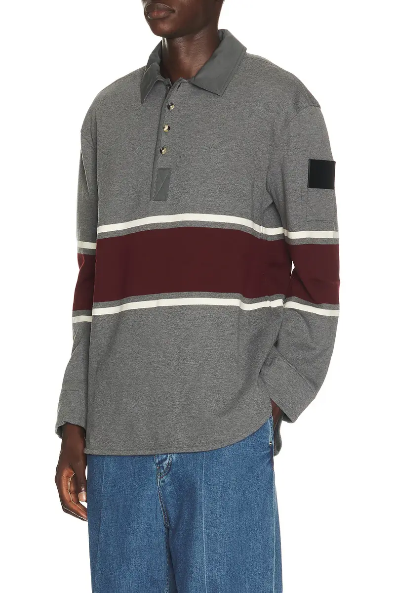 Bottega Veneta Light Cotton Fleece Long Sleeve Polo Intrecciato Tab | Thumbnail 2 Bottega Veneta Light Cotton Fleece Long Sleeve Polo Intrecciato Tab | Thumbnail 2