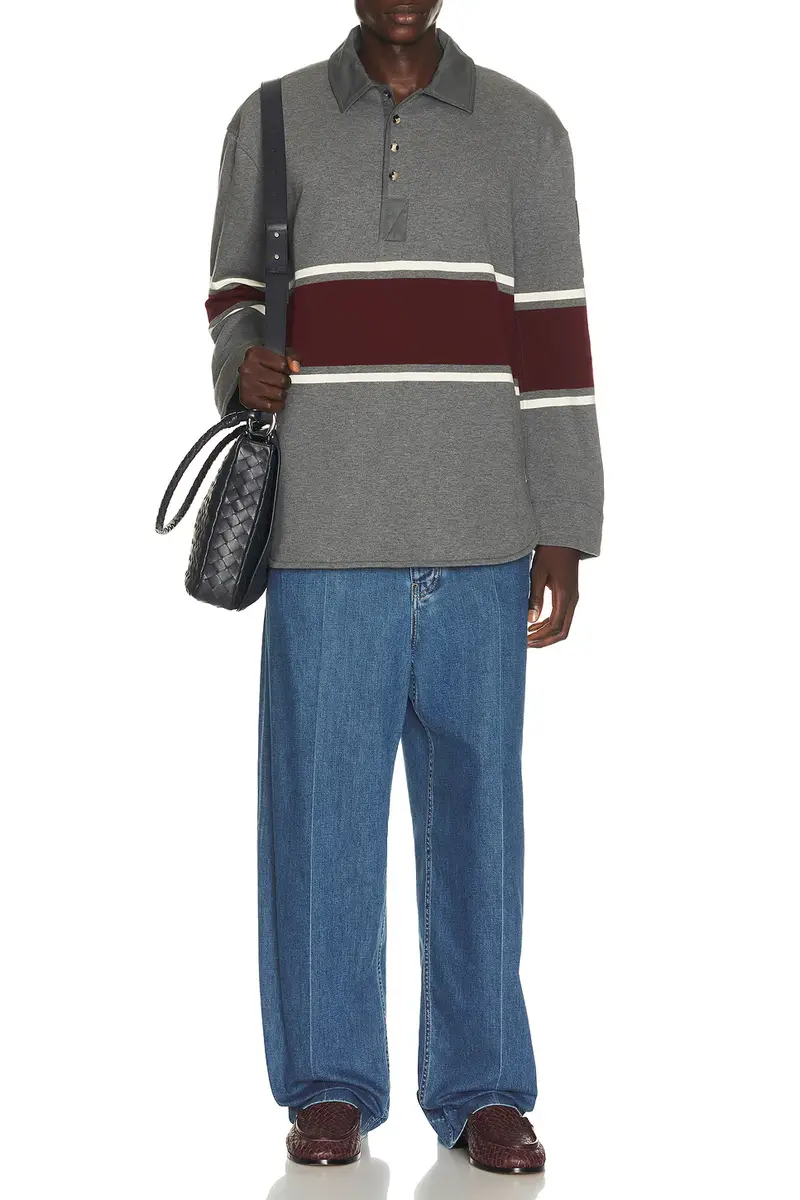 Bottega Veneta Light Cotton Fleece Long Sleeve Polo Intrecciato Tab | Thumbnail 4 Bottega Veneta Light Cotton Fleece Long Sleeve Polo Intrecciato Tab | Thumbnail 4