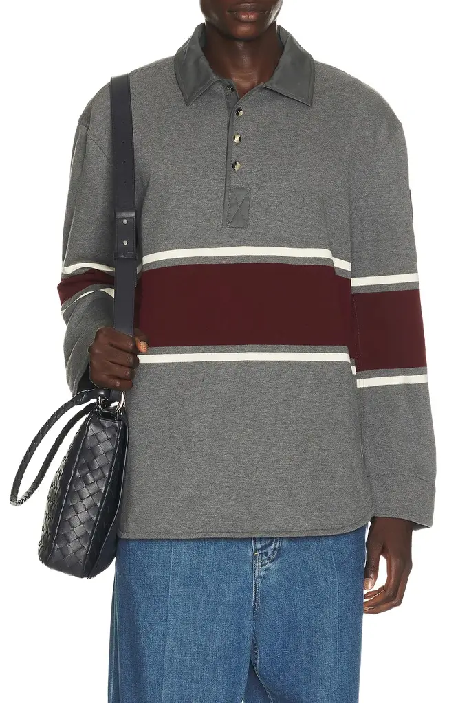 Bottega Veneta Light Cotton Fleece Long Sleeve Polo Intrecciato Tab