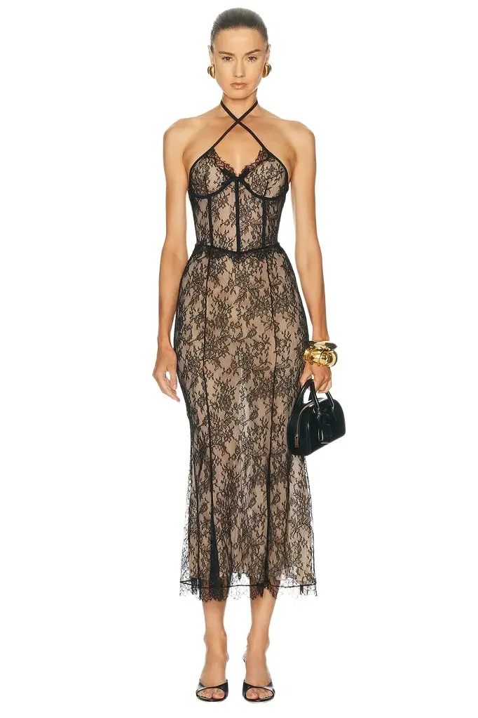 Alessandra Rich Chantilly Lace Bustier Evening Dress