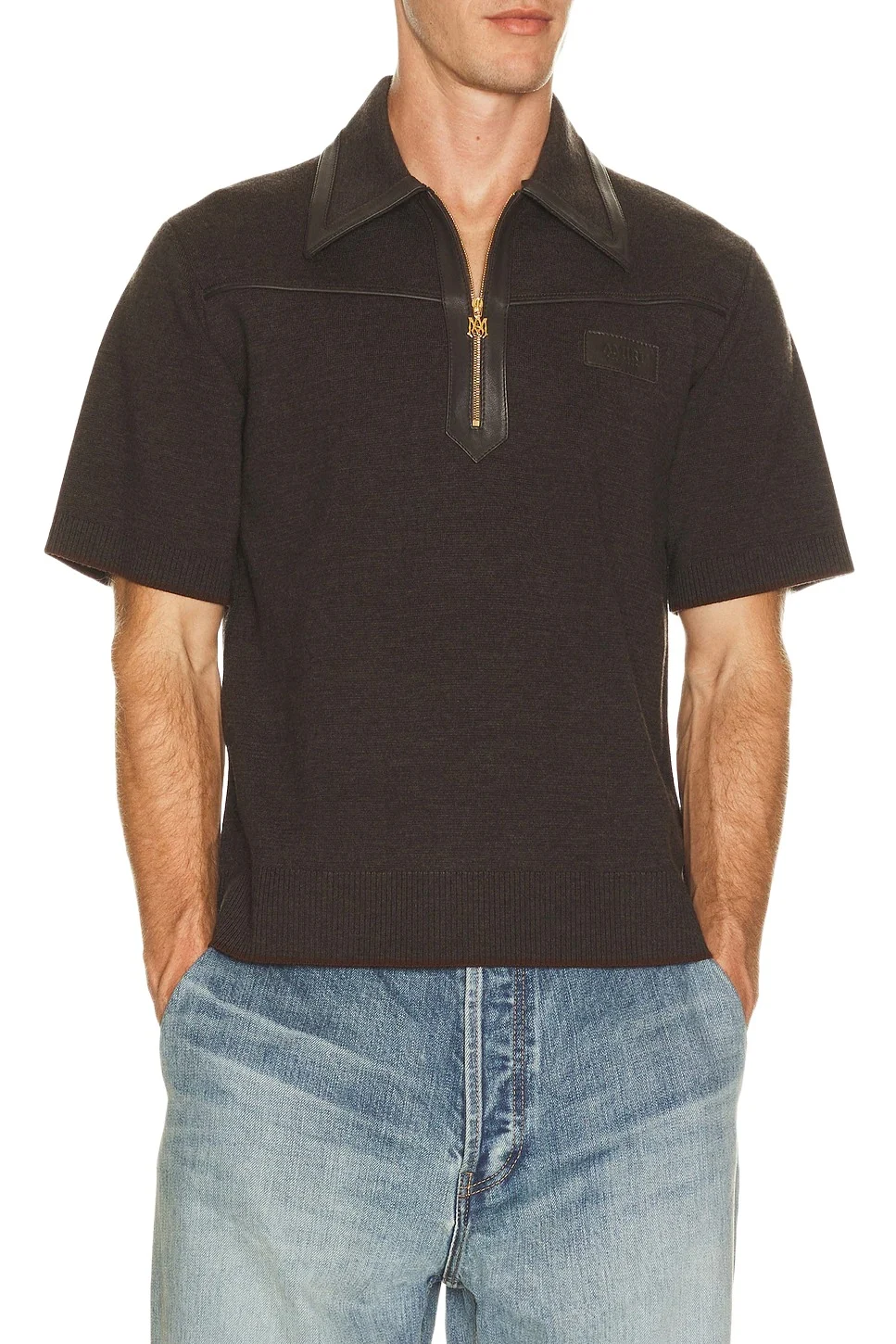 Leather Trim Knit Zipped Polo Leather Trim Knit Zipped Polo