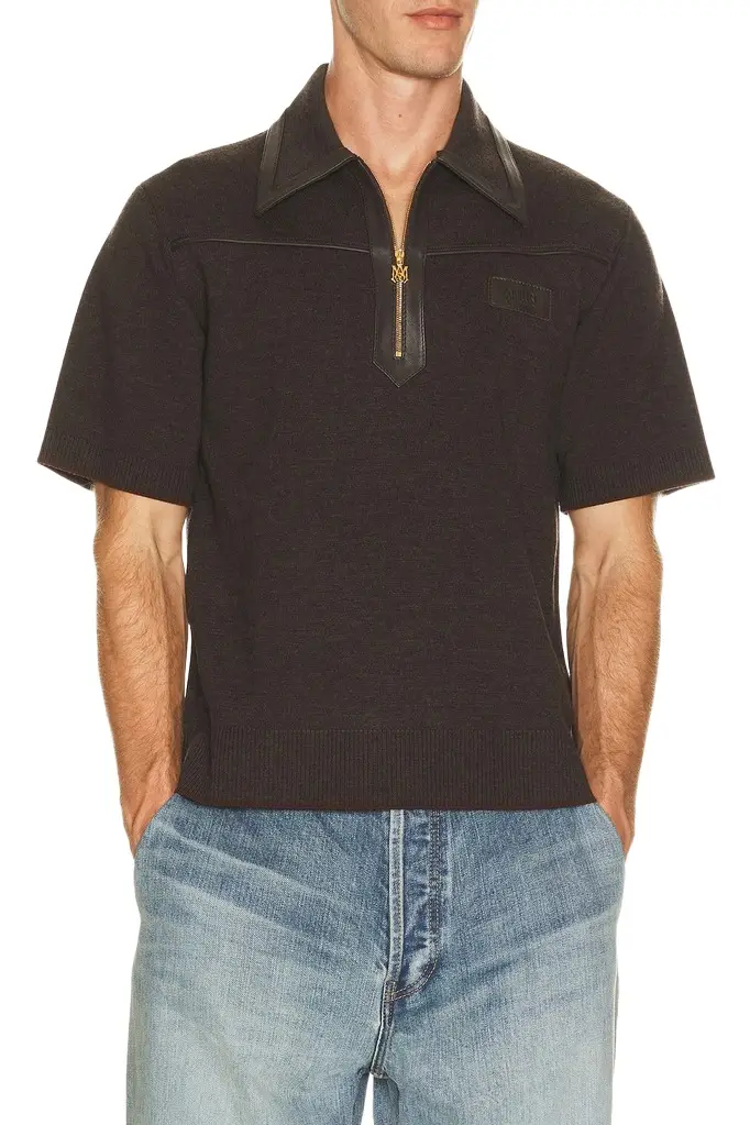 Leather Trim Knit Zipped Polo Leather Trim Knit Zipped Polo