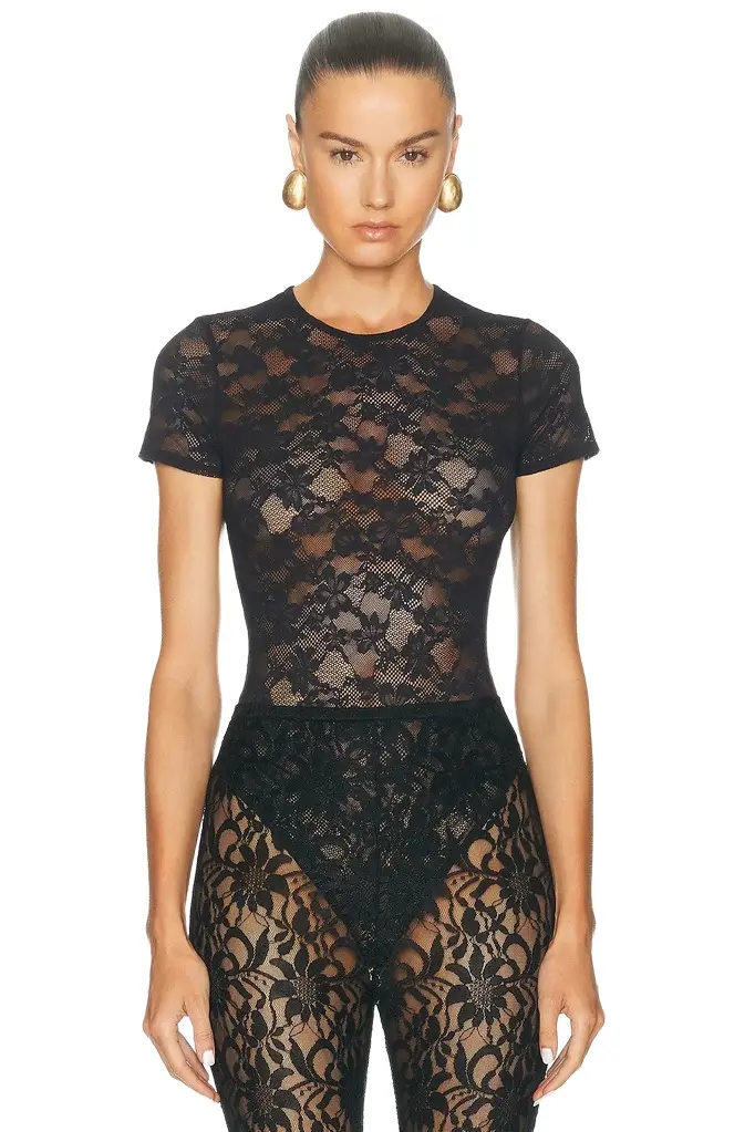 Fleur du Mal Le Stretch Lace Short Sleeve Bodysuit