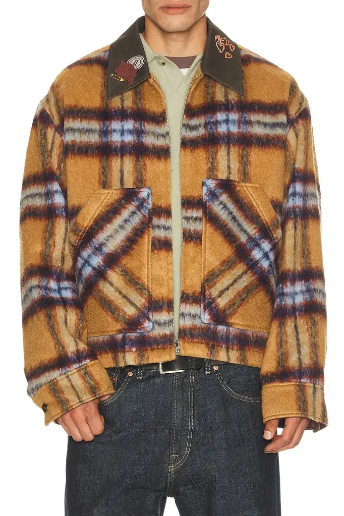 We11Done Camel Teddy Doodle Check Pattern Jacket