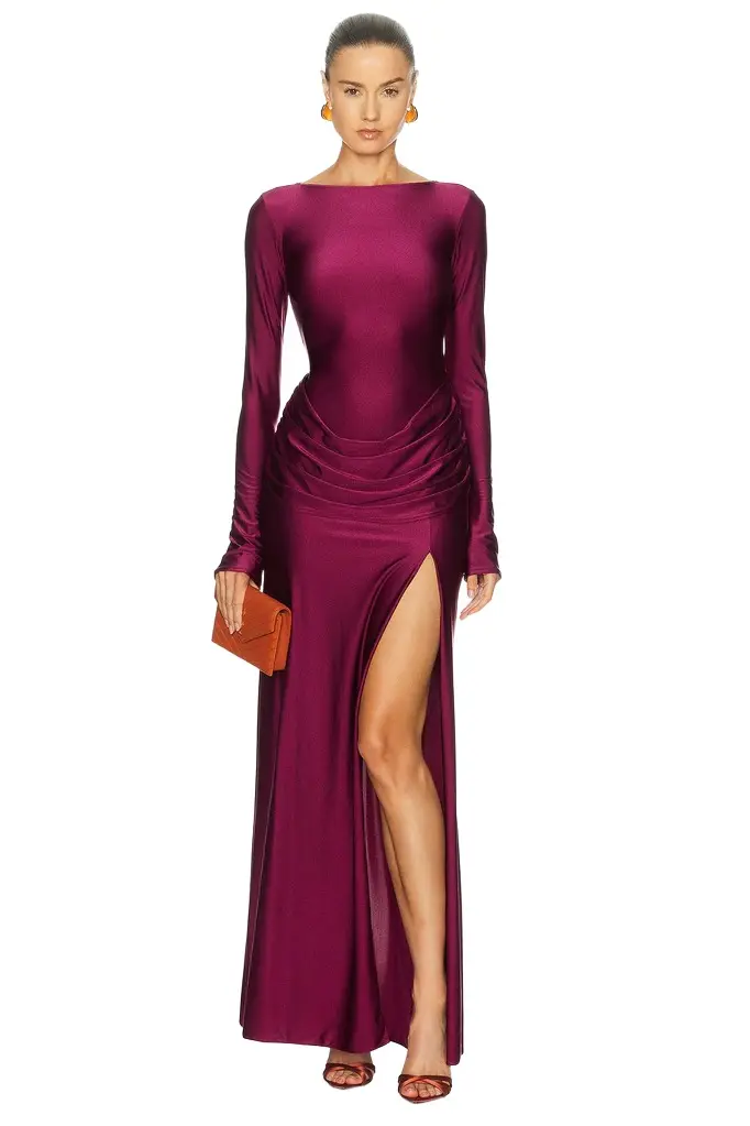 Lapointe Shine Jersey Long Sleeve Draped Waist Gown