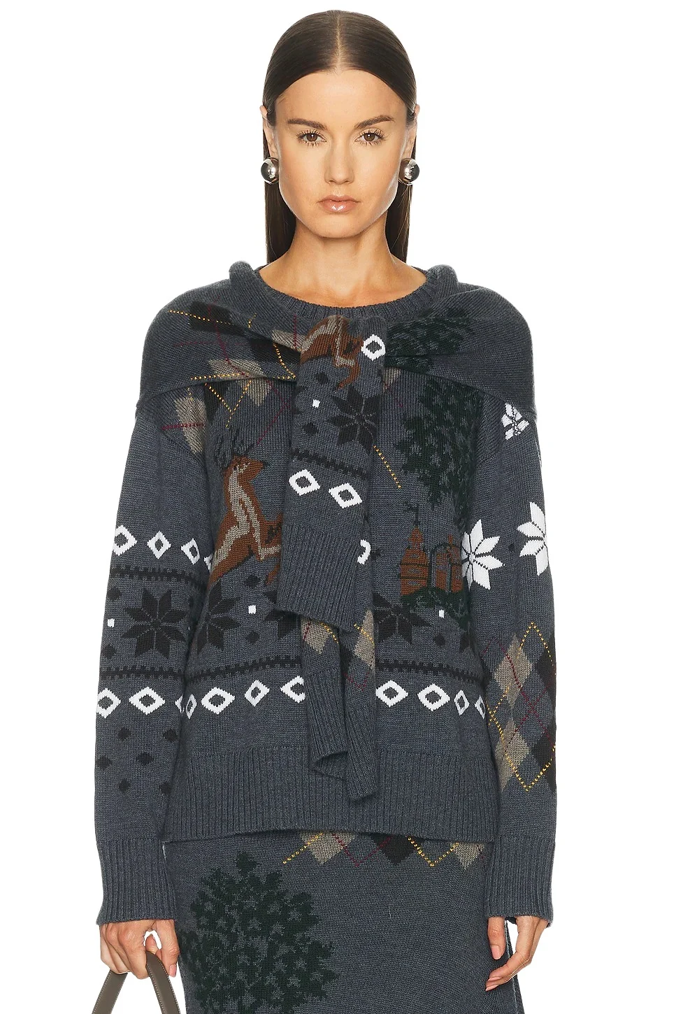 Mixed Fair Isle Crew Neck Sweater With Scarf Mixed Fair Isle Crew Neck Sweater With Scarf