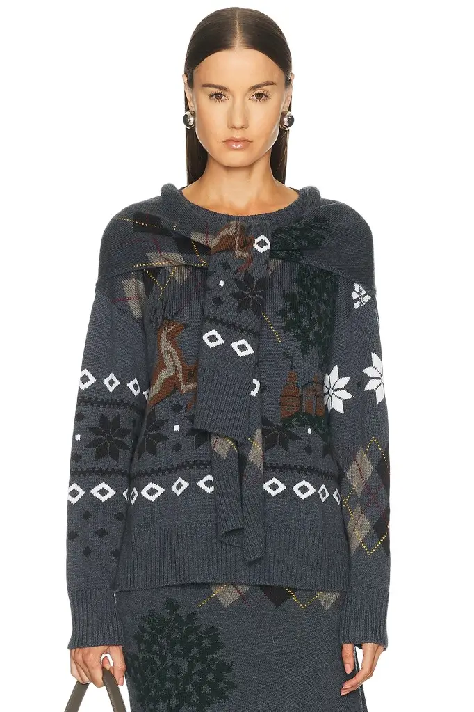 Monse Mixed Fair Isle Crew Neck Sweater With Scarf