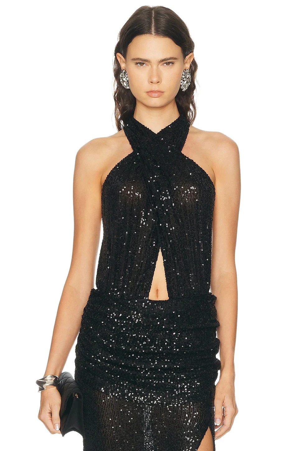 Mini Stretch Sequin Halter Cutout Bodysuit