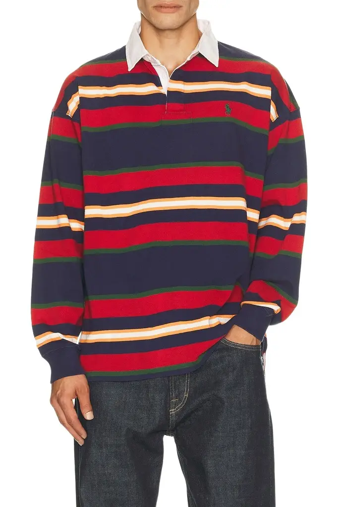 Long Sleeve Yarn Dyed Cotton Rugby Polo Sweater