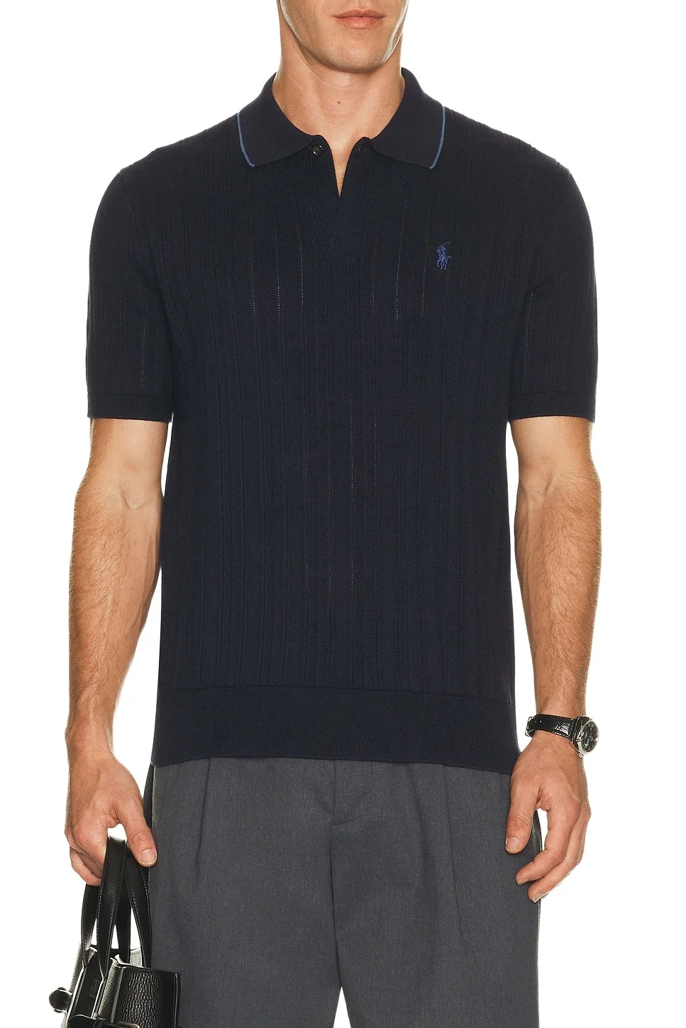 Short Sleeve Cotton Rib Stitch Polo Sweater With Johnny Collar Short Sleeve Cotton Rib Stitch Polo Sweater With Johnny Collar