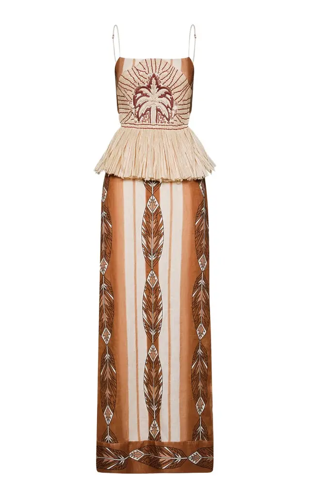 Johanna Ortiz Andean Mythology Rafia-Trimmed Linen Maxi Dress