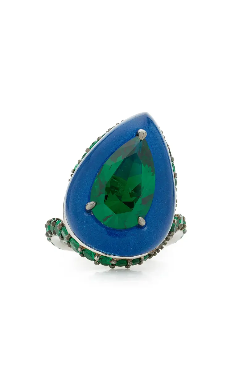 Anabela Chan Elixir Rhodium Vermeil Spirulina and Emerald Ring