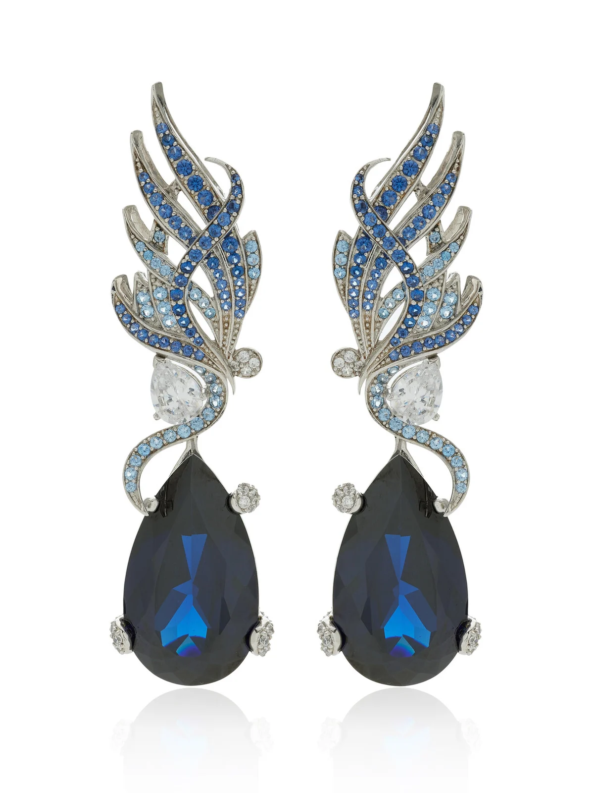 Feather 18K White Gold Rhodium Vermeil Sapphire and Diamond Earrings