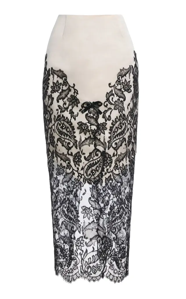 Wiederhoeft Exclusive Beaded Lace-Detailed Silk-Satin Midi Skirt