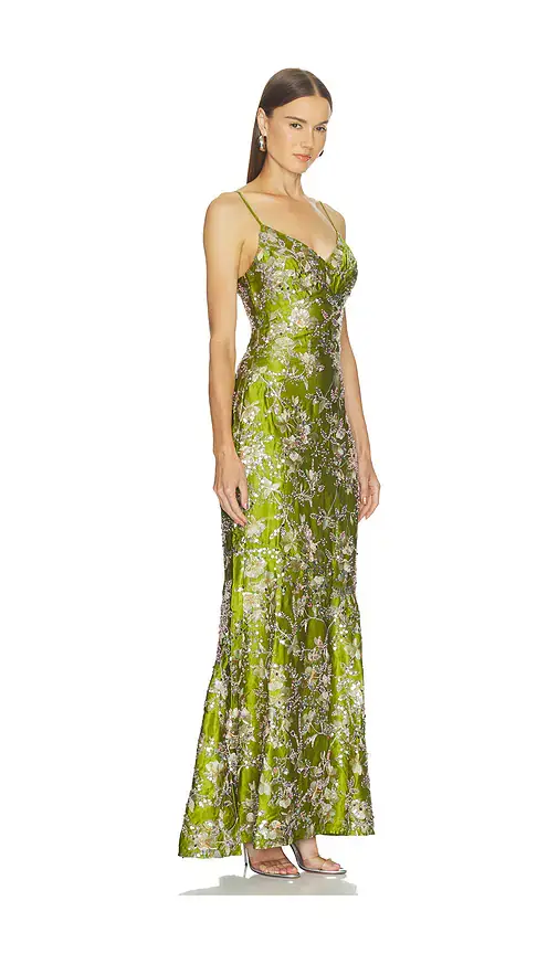 Nadine Merabi Green Satin Embellished Maxi Dress | Thumbnail 2