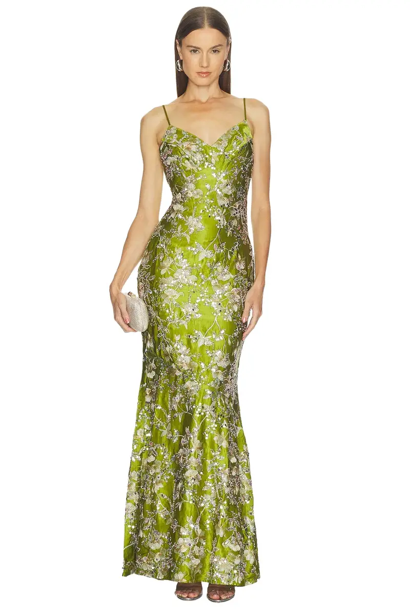 Green Satin Embellished Maxi Dress