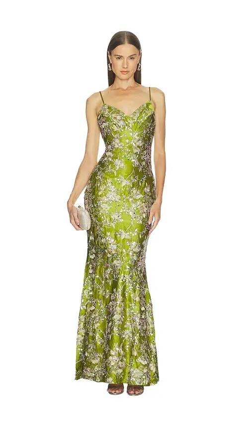 Green Satin Embellished Maxi Dress Green Satin Embellished Maxi Dress