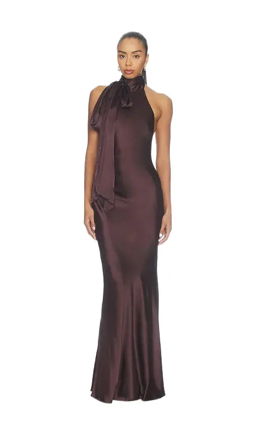 Courtney Zheng Silk Satin Tie Neck Gown