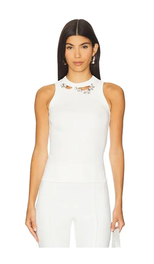 AREA Distressed Crystal Ribbed Knit Tank Top