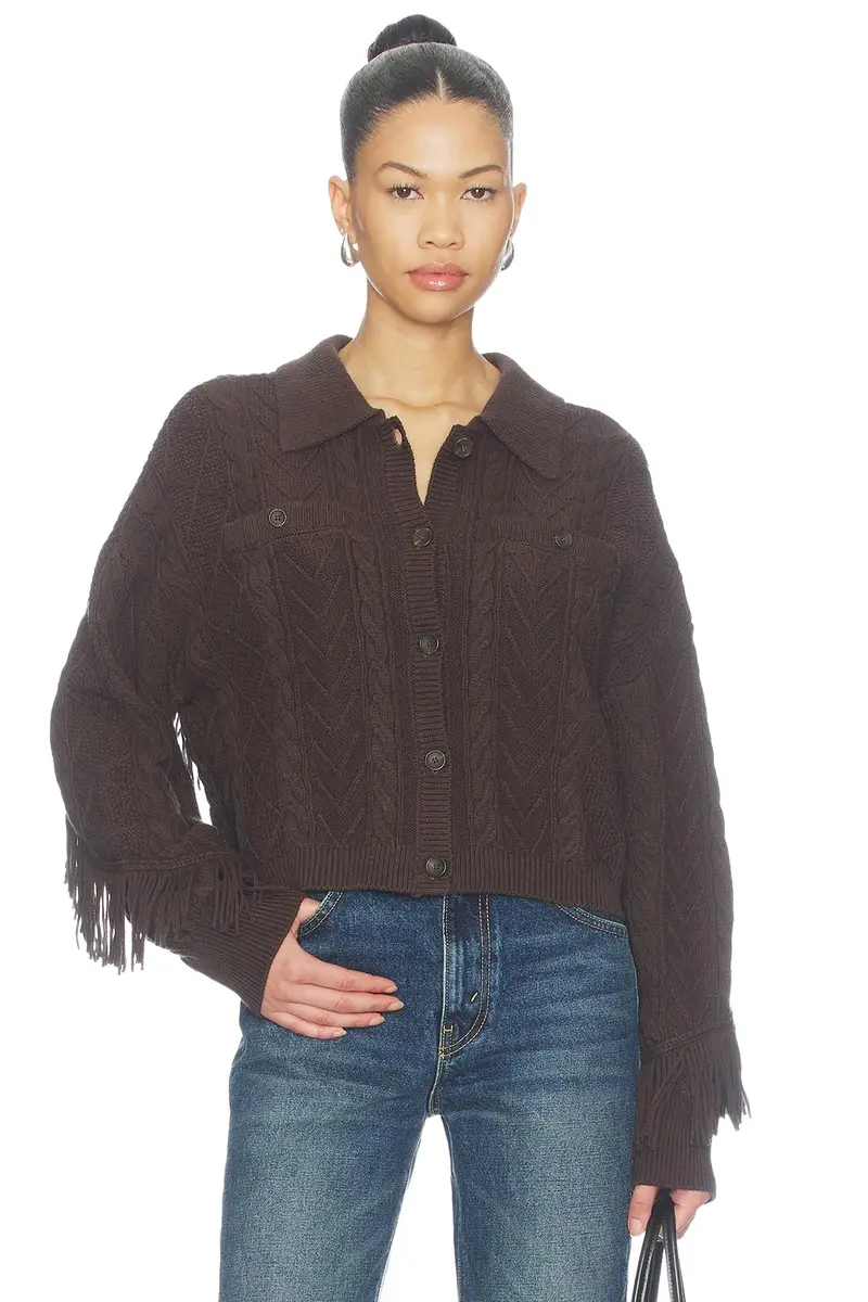 Central Park West Phoebe Cable Fringe Sweater Cardigan