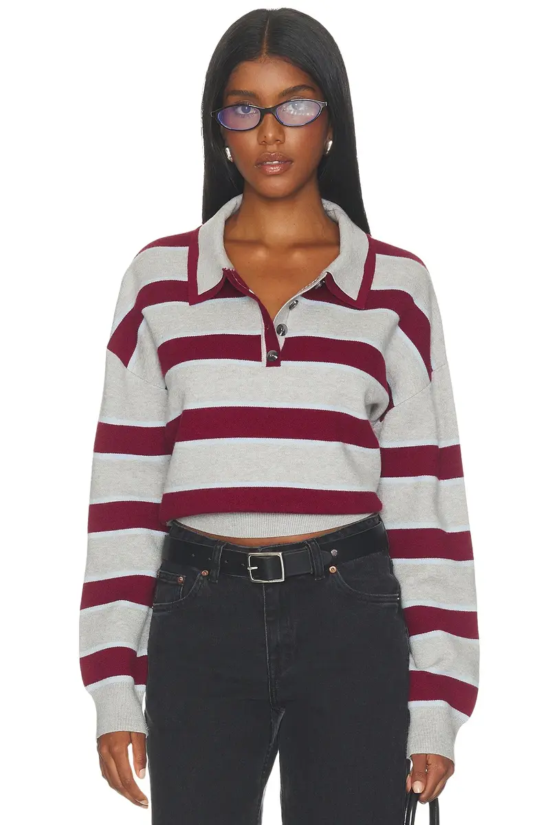 525 America Vera Double Johnny Collar Rugby Stripe Pullover Sweater