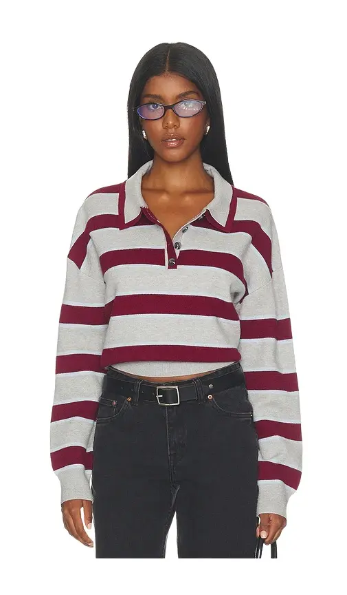 Vera Double Johnny Collar Rugby Stripe Pullover Sweater Vera Double Johnny Collar Rugby Stripe Pullover Sweater
