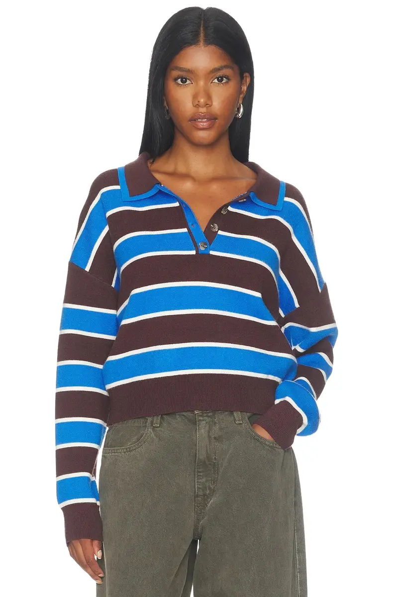 525 America Vera Double Johnny Collar Rugby Stripe Pullover Sweater