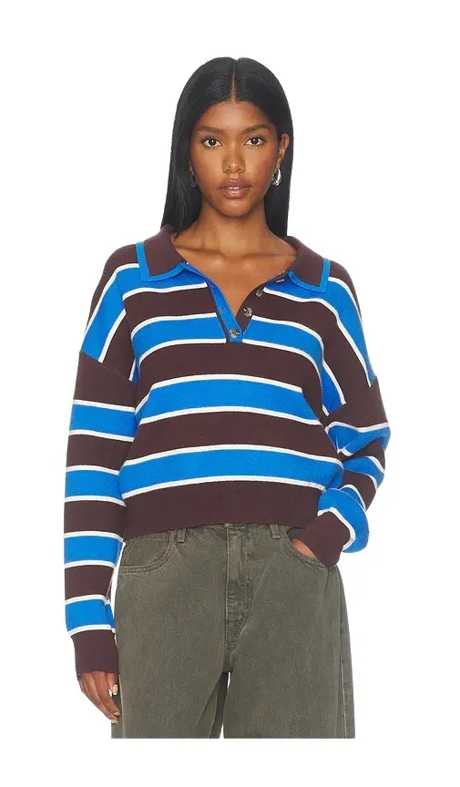 Vera Double Johnny Collar Rugby Stripe Pullover Sweater Vera Double Johnny Collar Rugby Stripe Pullover Sweater