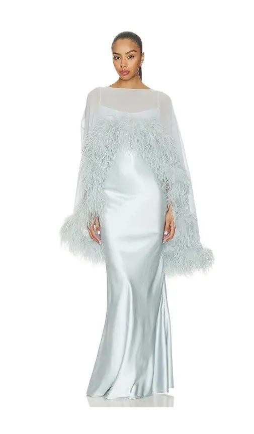 Bronx and Banco Silky Maxi Dress and Chiffon Cape with Feather Trim