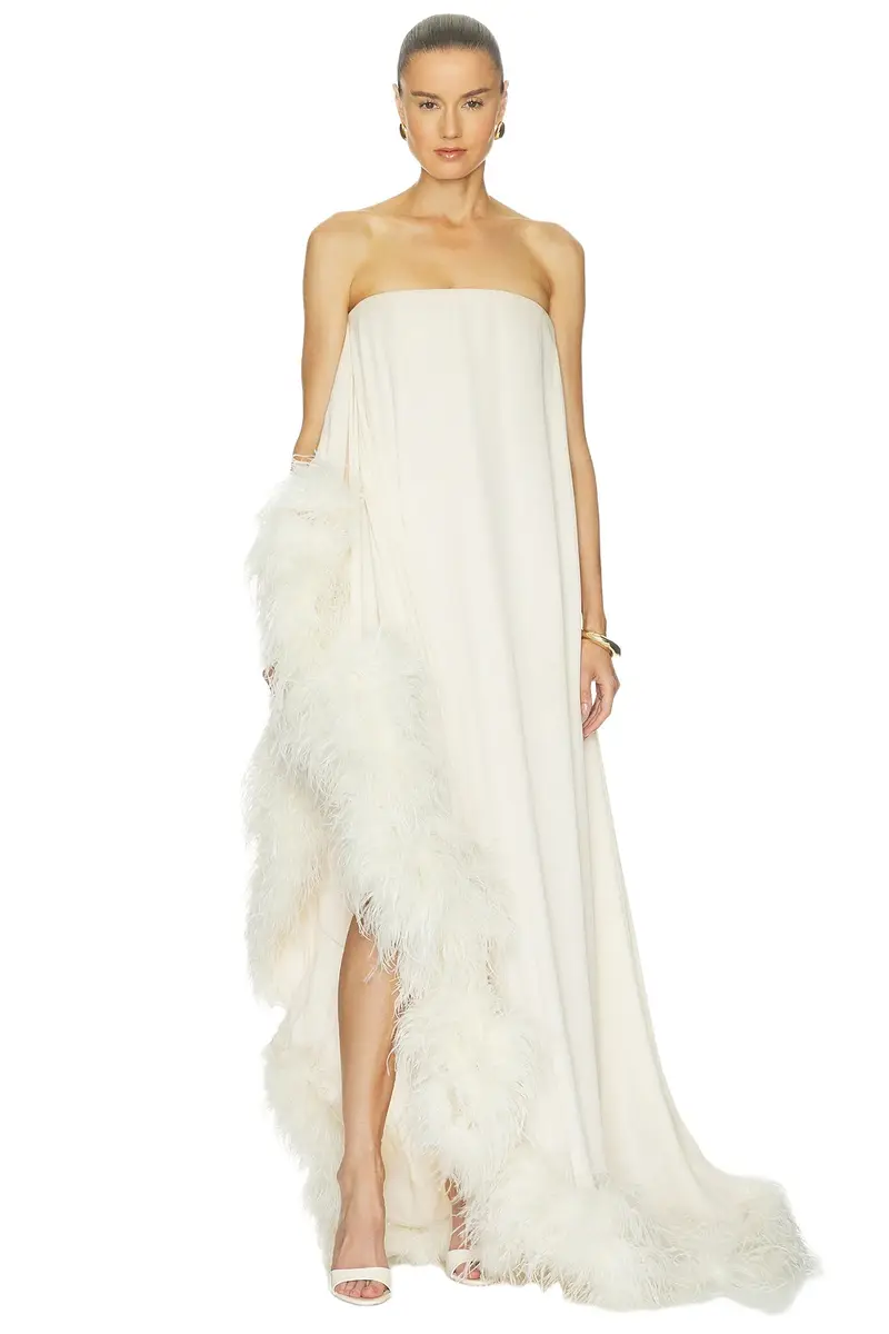 Bronx and Banco Strapless Chiffon Gown With Feather Trim