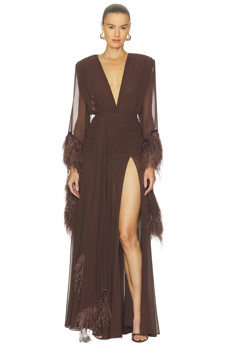 Long Sleeve Deep-v Feather Gown Long Sleeve Deep-v Feather Gown