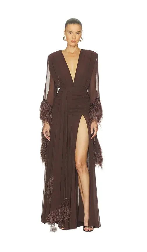 Bronx and Banco Long Sleeve Deep-v Feather Gown