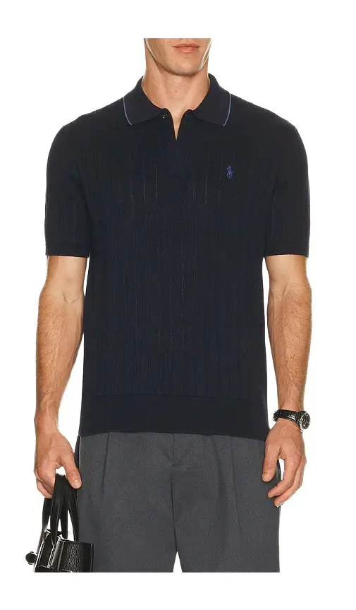 Short Sleeve Cotton Rib Stitch Polo Sweater With Johnny Collar Short Sleeve Cotton Rib Stitch Polo Sweater With Johnny Collar