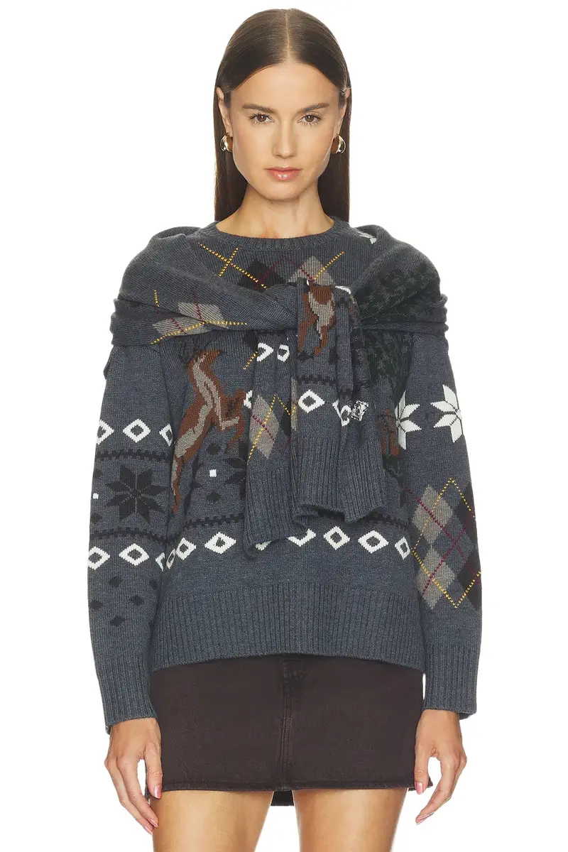Mixed Fair Isle Crew Neck Sweater With Scarf Mixed Fair Isle Crew Neck Sweater With Scarf