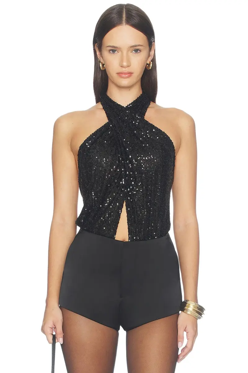 Mini Stretch Sequin Halter Cutout Bodysuit