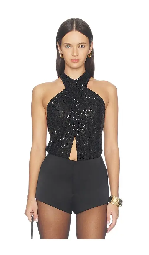 Lapointe Mini Stretch Sequin Halter Cutout Bodysuit